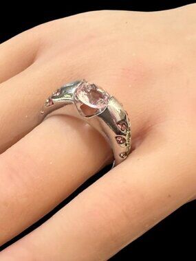 Silver-Tone Ring With Pink & Green Rhinestones Floral Side Design Size 9